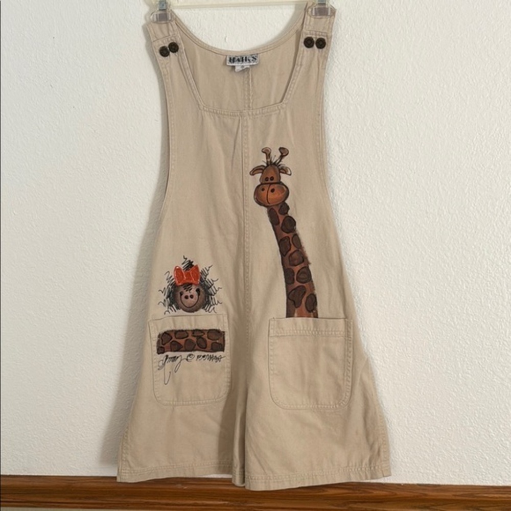 Vintage 90s Haik’s Khaki Hand-painted Giraffe Denim Shortalls Jumper Medium